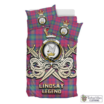 Lindsay Ancient Tartan Bedding Set with Clan Crest and the Golden Sword of Courageous Legacy