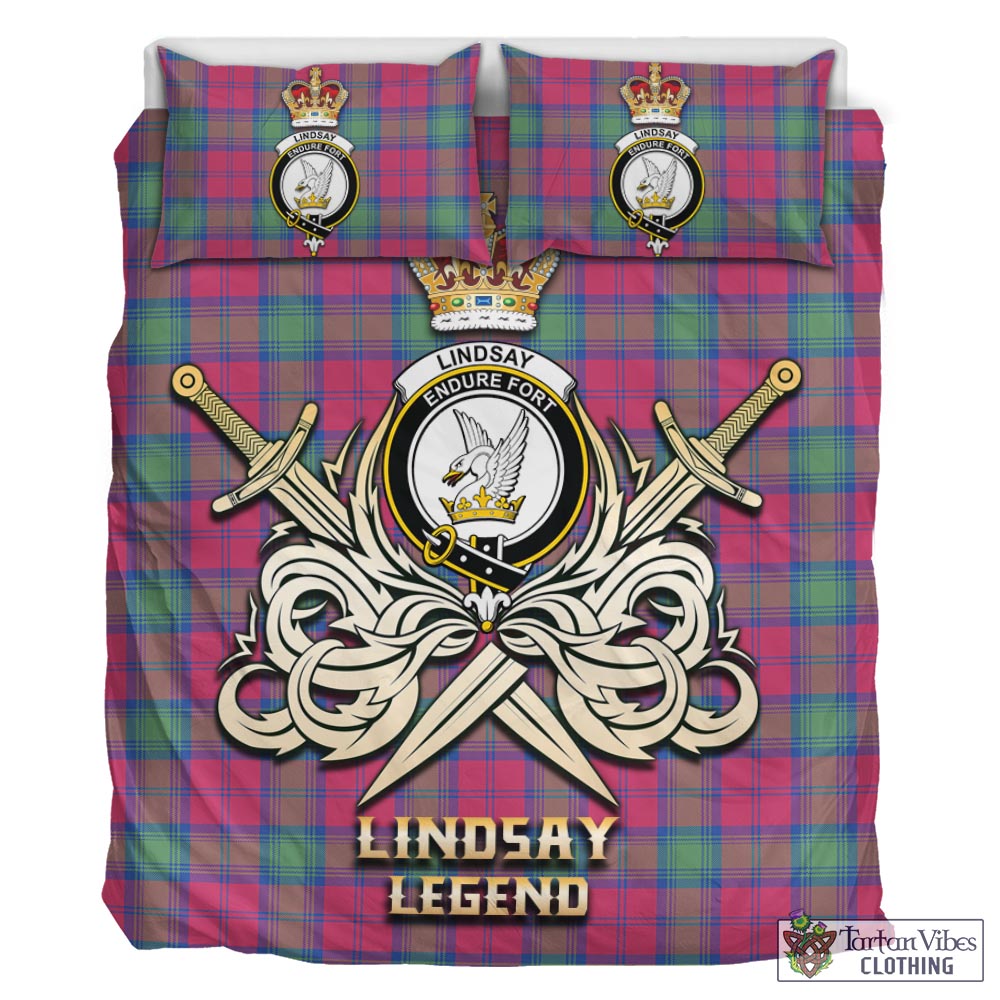 Tartan Vibes Clothing Lindsay Ancient Tartan Bedding Set with Clan Crest and the Golden Sword of Courageous Legacy