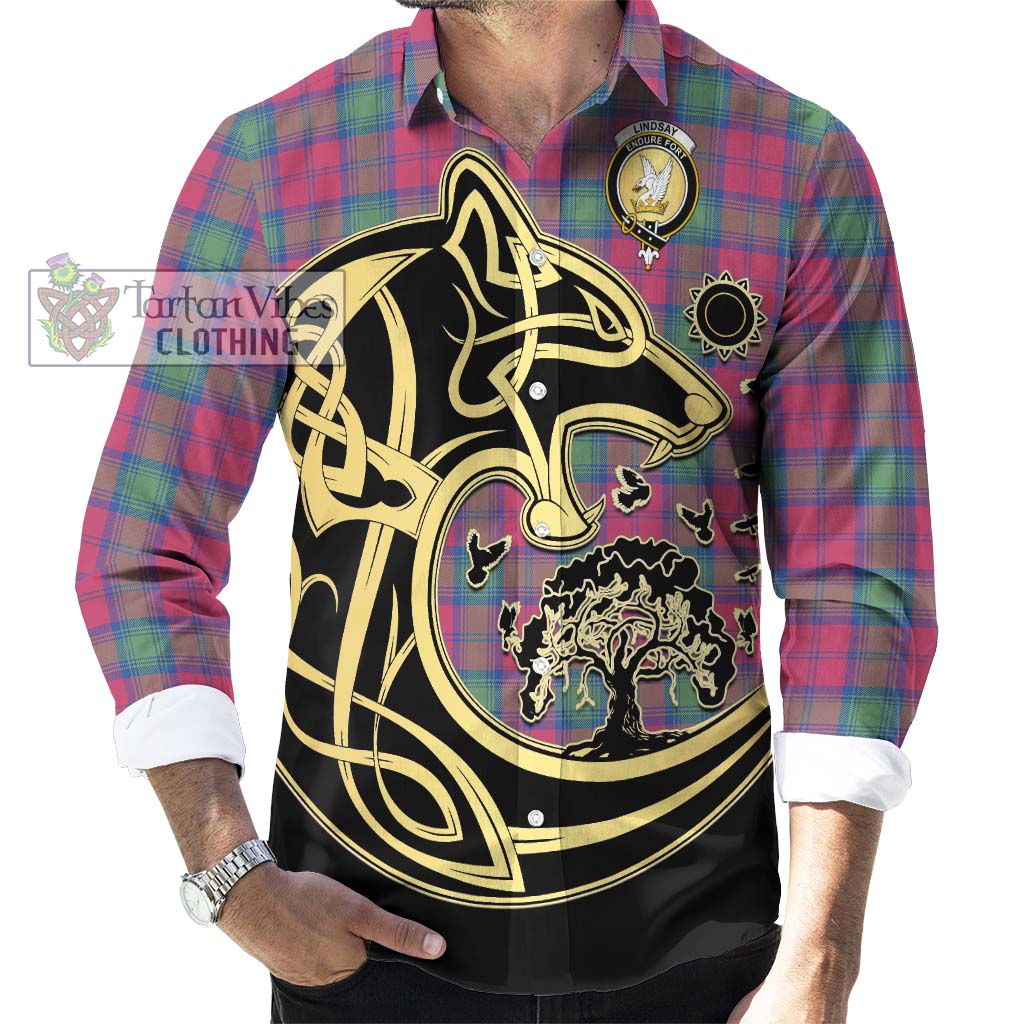 Tartan Vibes Clothing Lindsay Ancient Tartan Long Sleeve Button Shirt with Family Crest Celtic Wolf Style