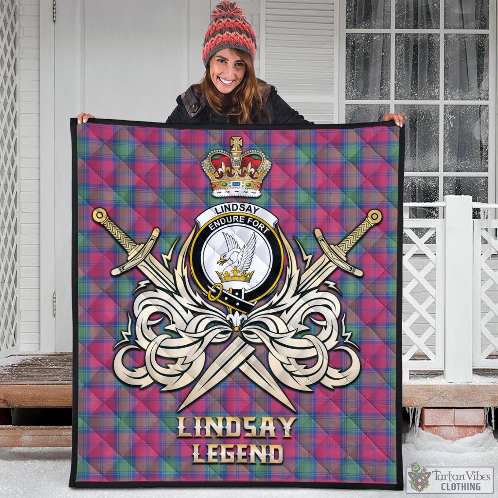 Tartan Vibes Clothing Lindsay Ancient Tartan Quilt with Clan Crest and the Golden Sword of Courageous Legacy