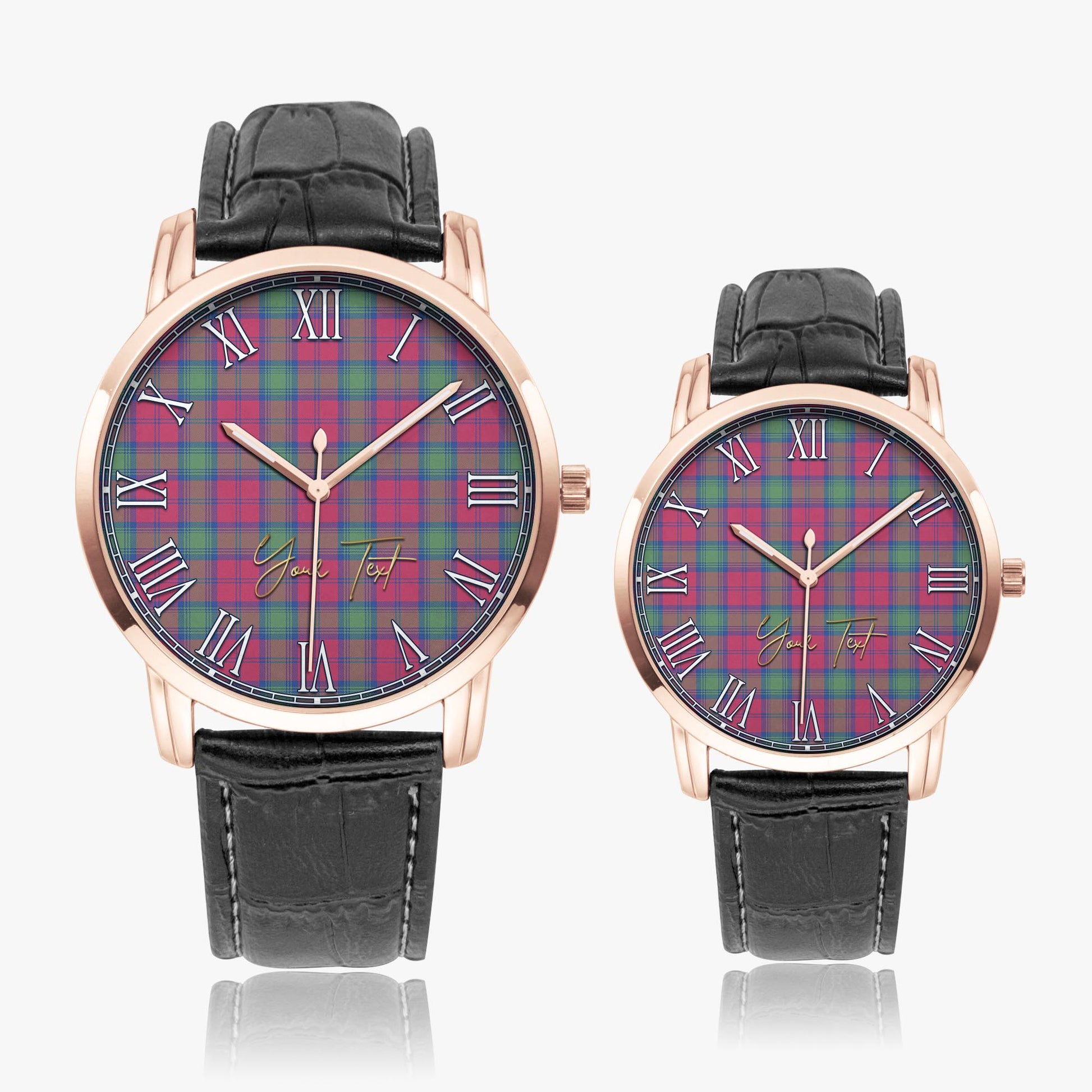 Lindsay Ancient Tartan Personalized Your Text Leather Trap Quartz Watch Wide Type Rose Gold Case With Black Leather Strap - Tartanvibesclothing