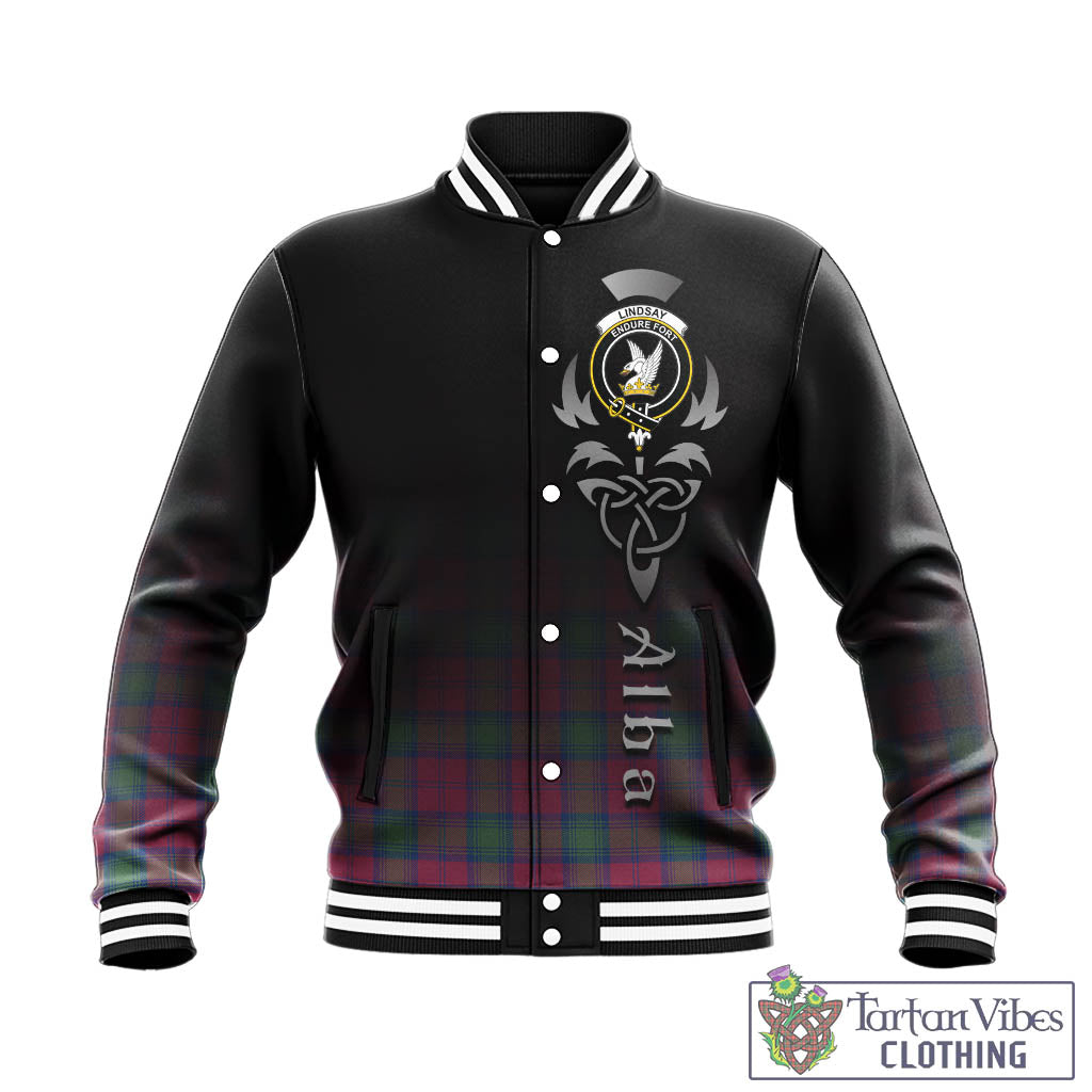 Tartan Vibes Clothing Lindsay Ancient Tartan Baseball Jacket Featuring Alba Gu Brath Family Crest Celtic Inspired