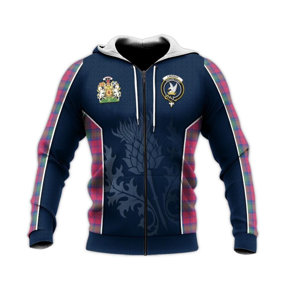 Tartan Vibes Clothing Lindsay Ancient Tartan Knitted Hoodie with Family Crest and Scottish Thistle Vibes Sport Style