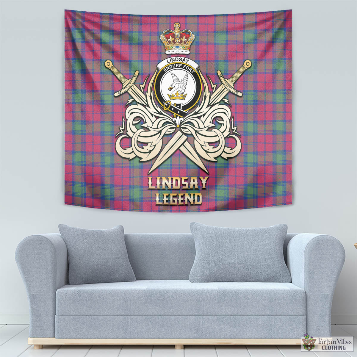 Tartan Vibes Clothing Lindsay Ancient Tartan Tapestry with Clan Crest and the Golden Sword of Courageous Legacy