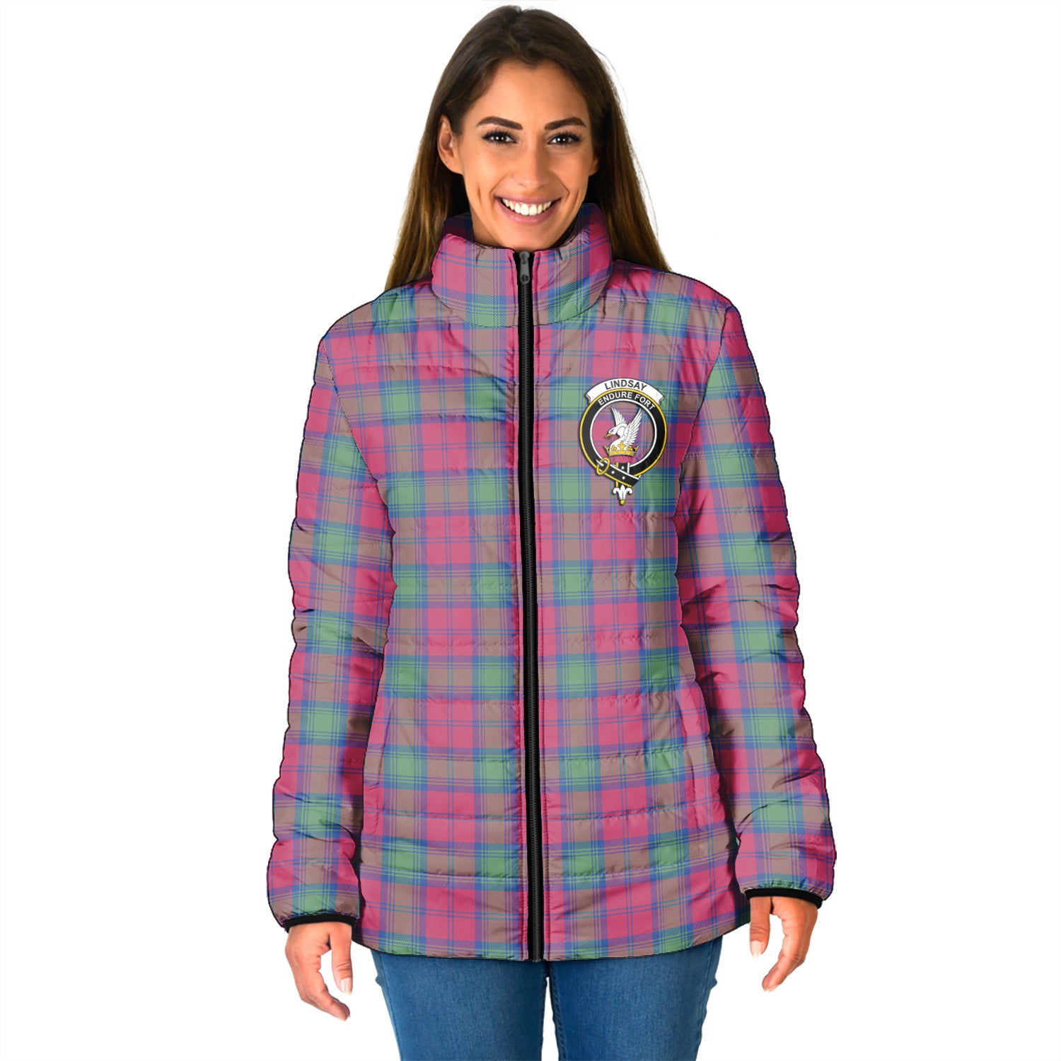 Lindsay Ancient Tartan Padded Jacket with Family Crest - Tartan Vibes Clothing