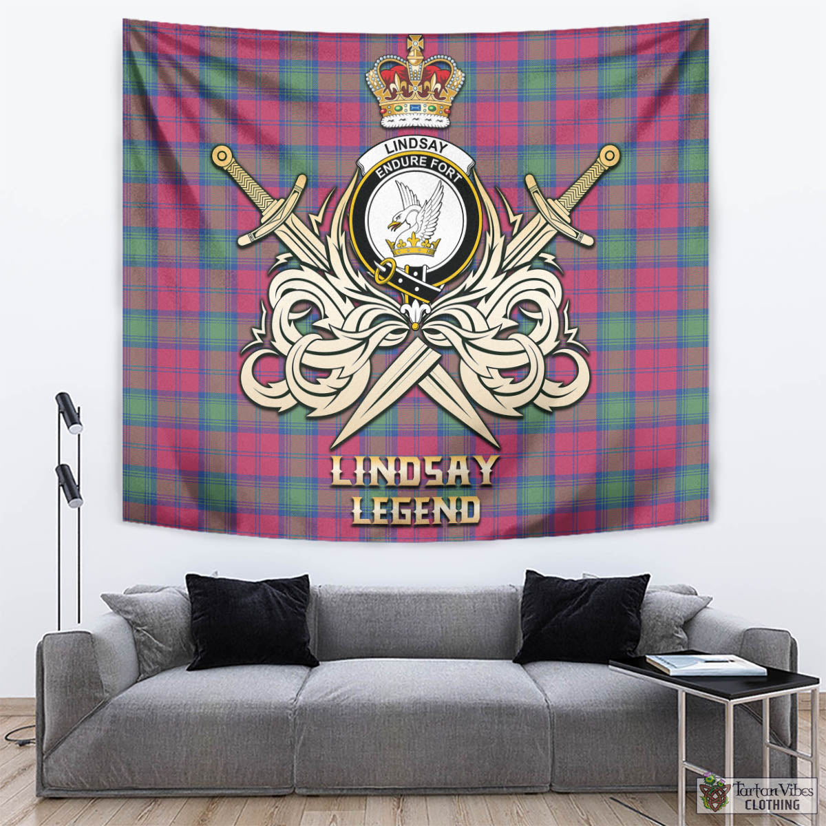 Tartan Vibes Clothing Lindsay Ancient Tartan Tapestry with Clan Crest and the Golden Sword of Courageous Legacy