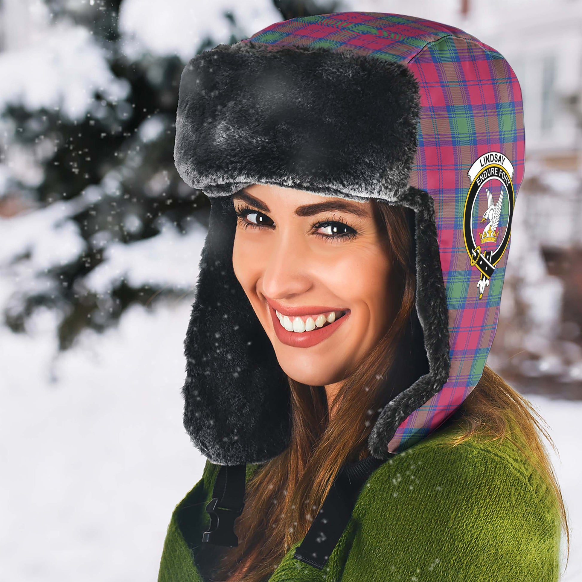 Lindsay Ancient Tartan Winter Trapper Hat with Family Crest - Tartanvibesclothing