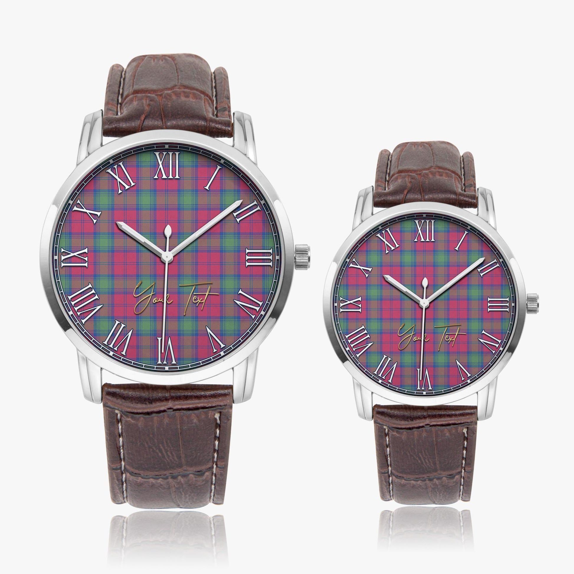 Lindsay Ancient Tartan Personalized Your Text Leather Trap Quartz Watch Wide Type Silver Case With Brown Leather Strap - Tartanvibesclothing