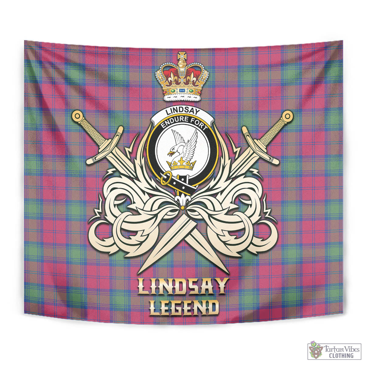 Tartan Vibes Clothing Lindsay Ancient Tartan Tapestry with Clan Crest and the Golden Sword of Courageous Legacy