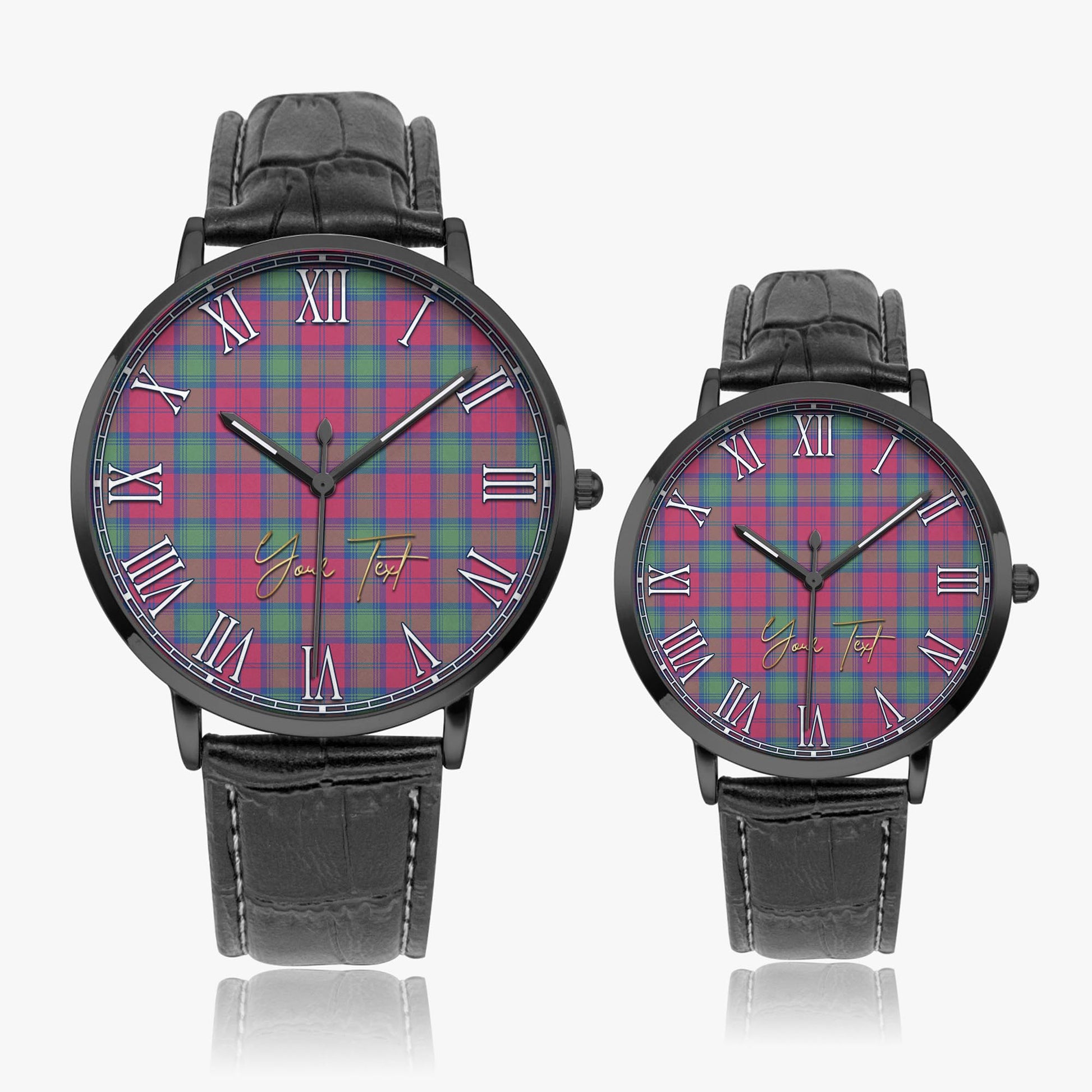 Lindsay Ancient Tartan Personalized Your Text Leather Trap Quartz Watch Ultra Thin Black Case With Black Leather Strap - Tartanvibesclothing