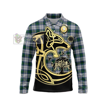 Lindsay Dress Tartan Long Sleeve Polo Shirt with Family Crest Celtic Wolf Style