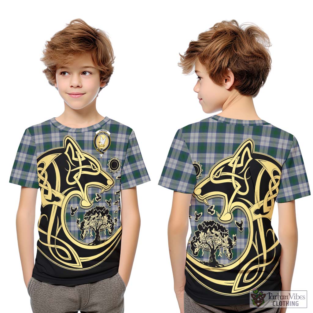 Tartan Vibes Clothing Lindsay Dress Tartan Kid T-Shirt with Family Crest Celtic Wolf Style