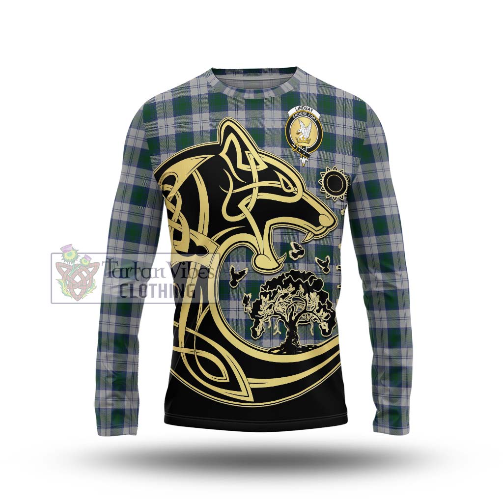 Tartan Vibes Clothing Lindsay Dress Tartan Long Sleeve T-Shirt with Family Crest Celtic Wolf Style