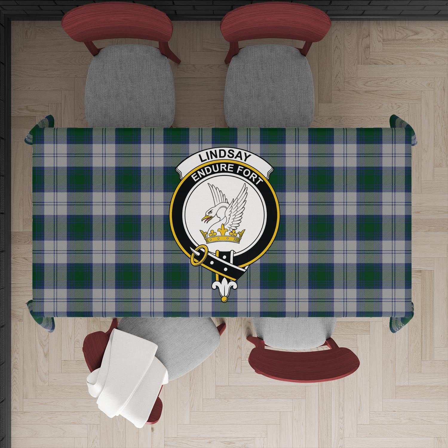 lindsay-dress-tatan-tablecloth-with-family-crest