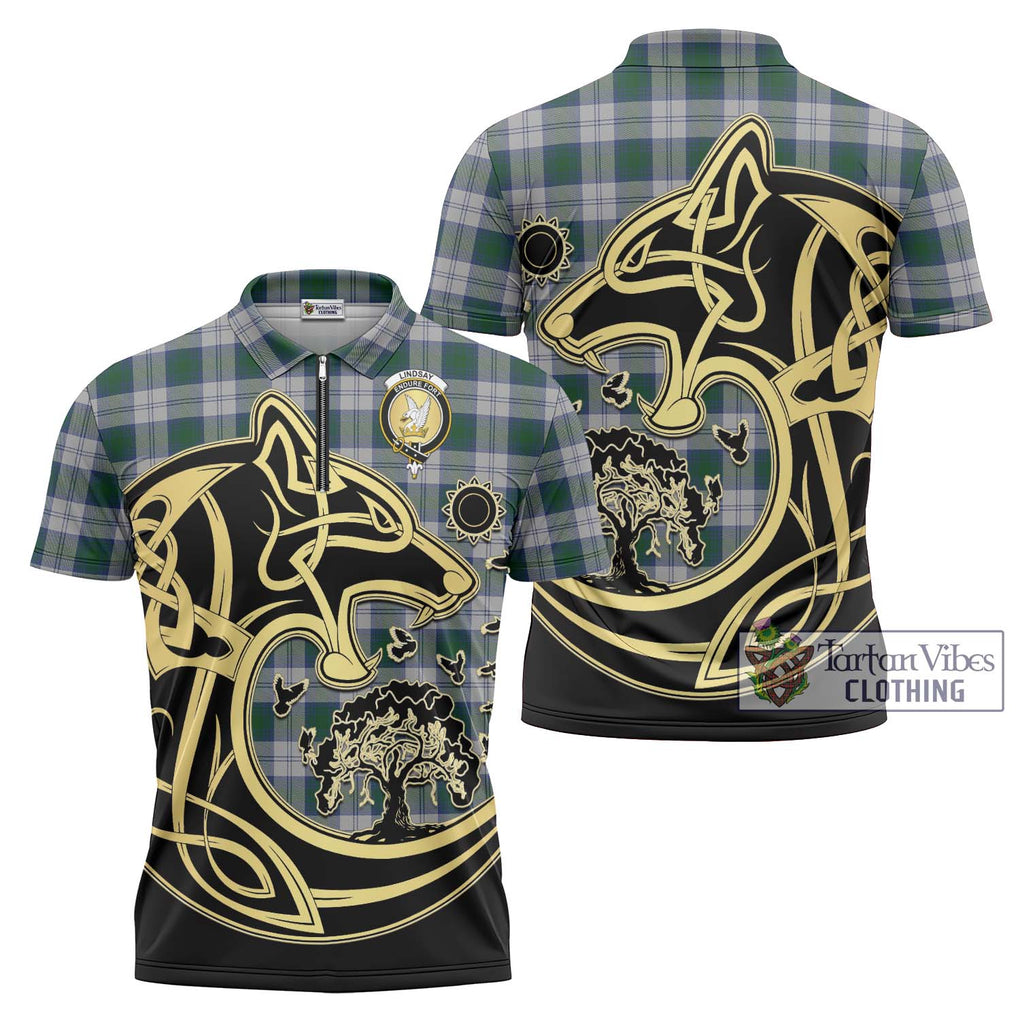 Lindsay Dress Tartan Zipper Polo Shirt with Family Crest Celtic Wolf Style Unisex - Tartanvibesclothing Shop