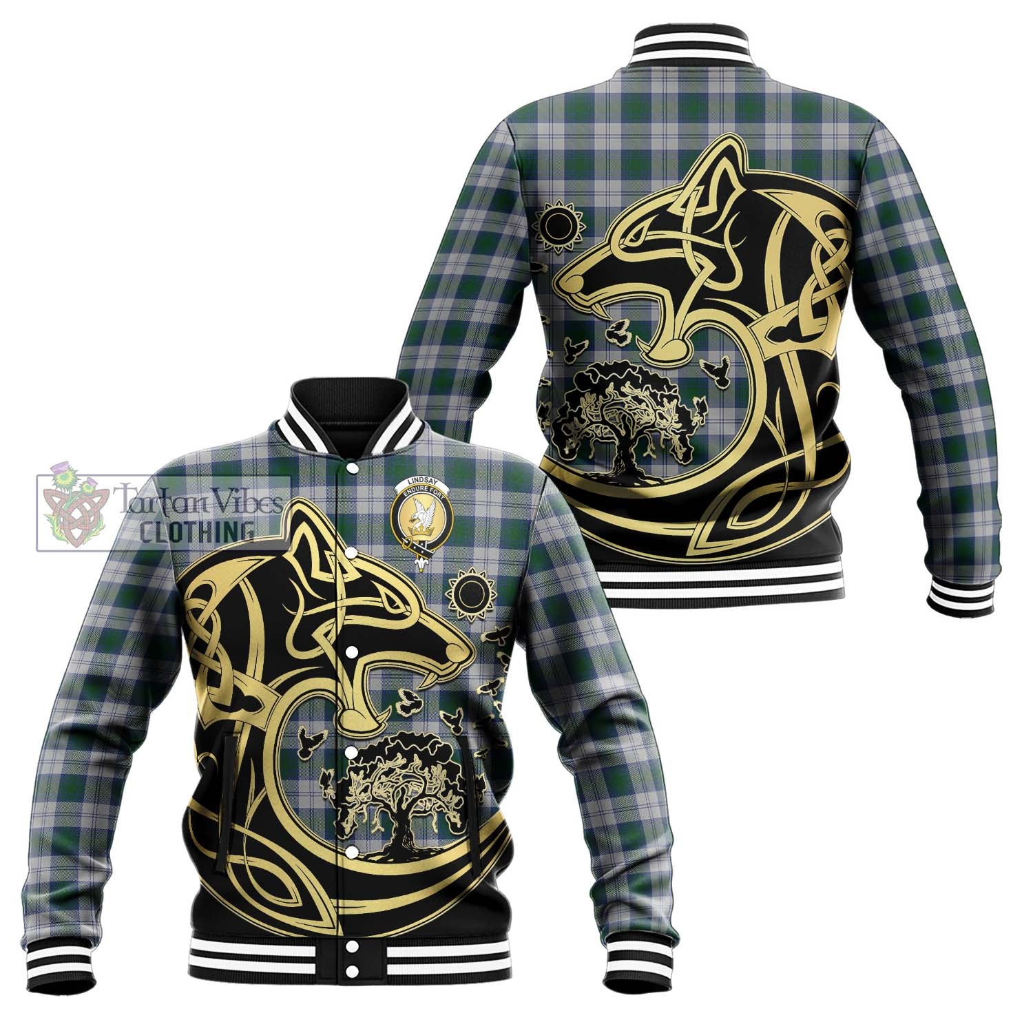 Tartan Vibes Clothing Lindsay Dress Tartan Baseball Jacket with Family Crest Celtic Wolf Style