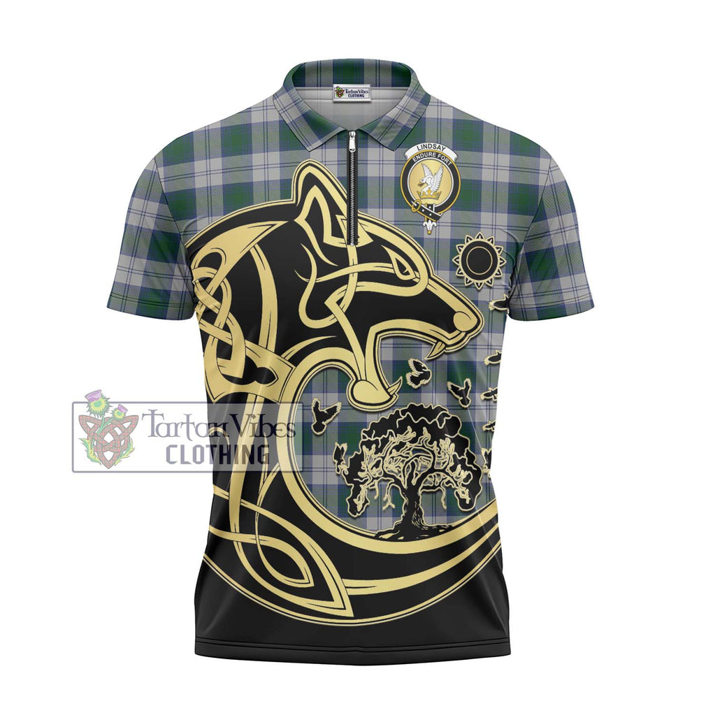 Lindsay Dress Tartan Zipper Polo Shirt with Family Crest Celtic Wolf Style - Tartanvibesclothing Shop