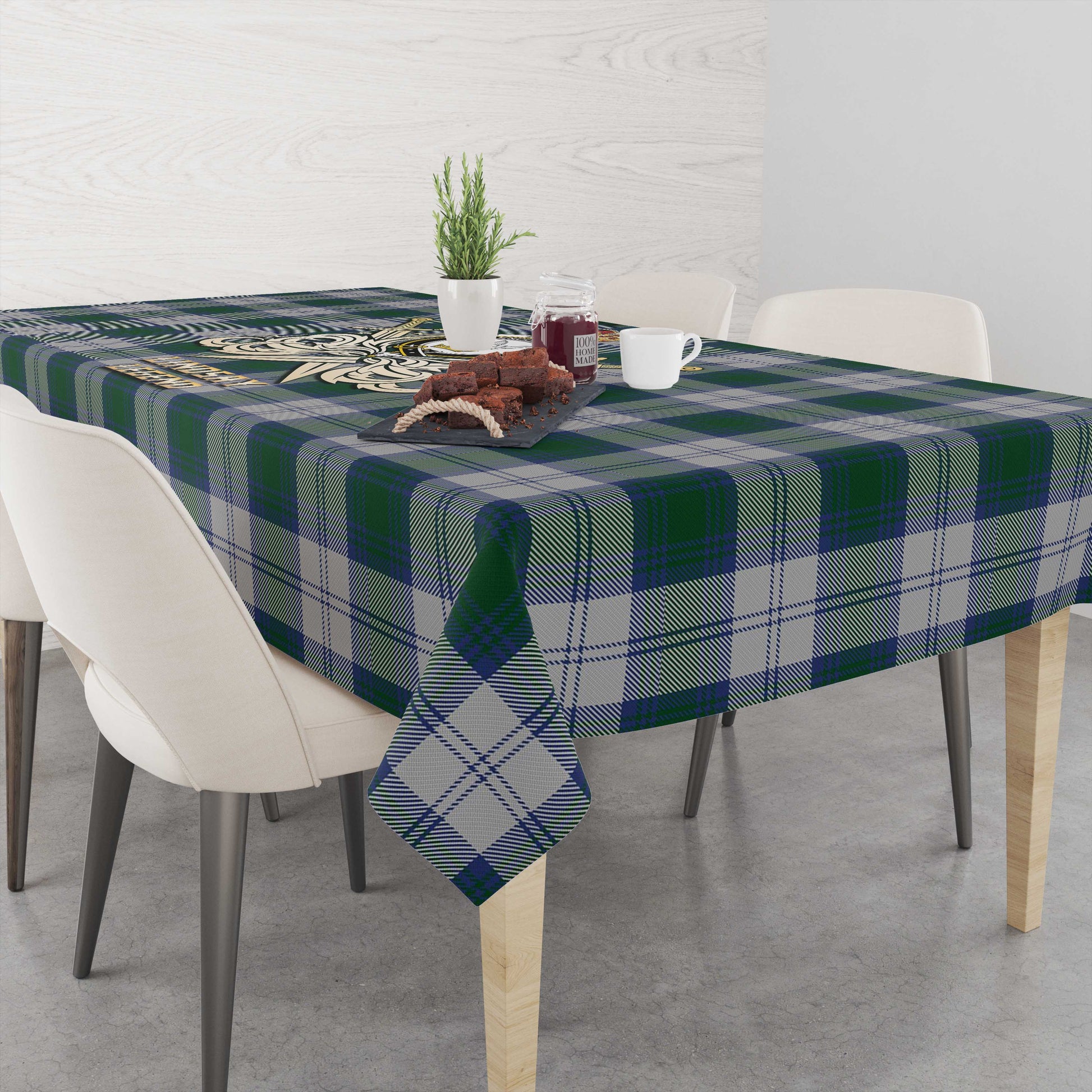 Tartan Vibes Clothing Lindsay Dress Tartan Tablecloth with Clan Crest and the Golden Sword of Courageous Legacy