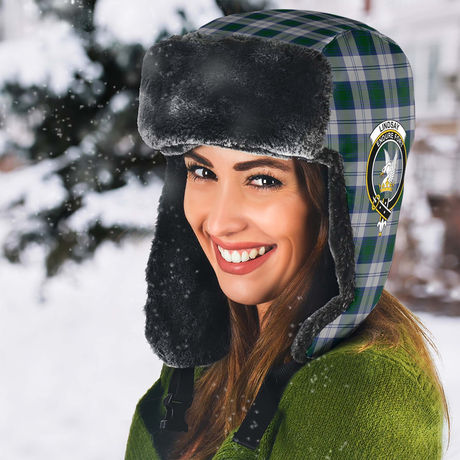 Lindsay Dress Tartan Winter Trapper Hat with Family Crest - Tartanvibesclothing