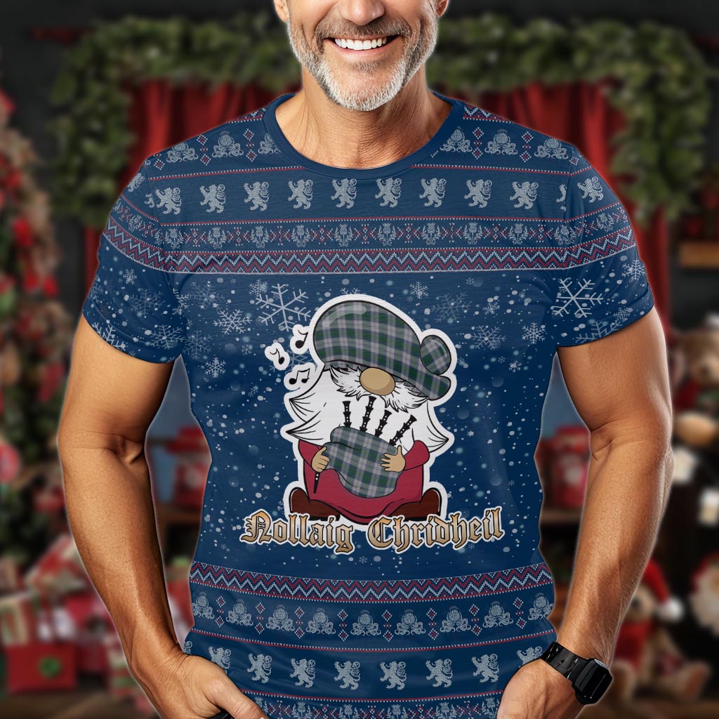 Lindsay Dress Clan Christmas Family T-Shirt with Funny Gnome Playing Bagpipes Men's Shirt Blue - Tartanvibesclothing