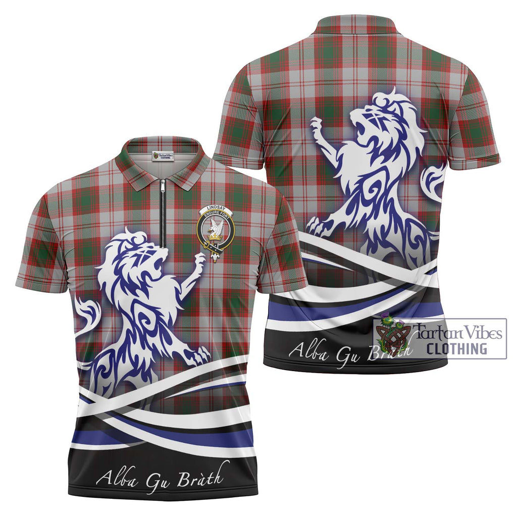 Lindsay Dress Red Tartan Zipper Polo Shirt with Alba Gu Brath Regal Lion Emblem Unisex - Tartanvibesclothing Shop