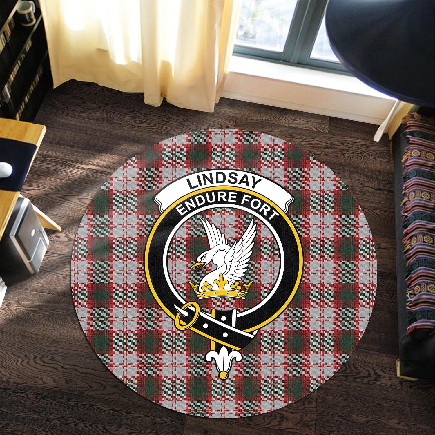 lindsay-dress-red-tartan-round-rug-with-family-crest