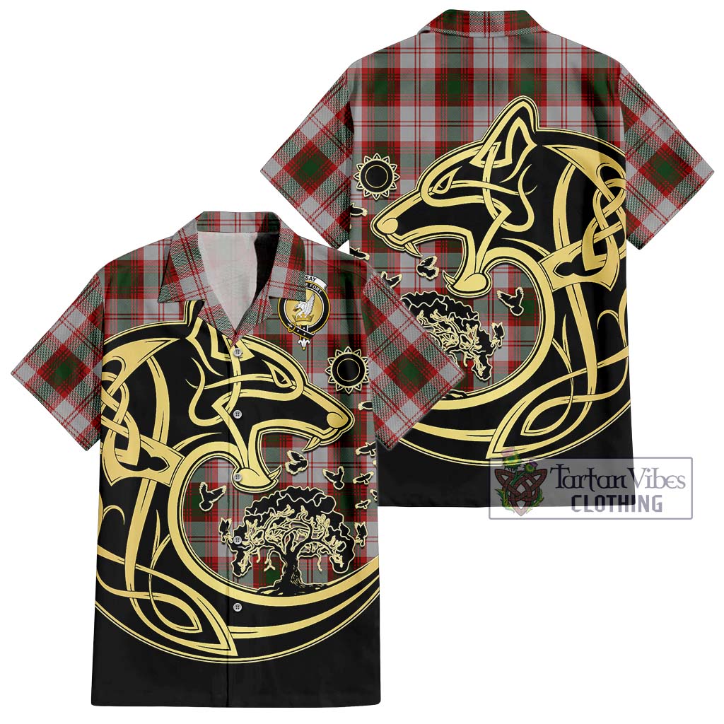 Tartan Vibes Clothing Lindsay Dress Red Tartan Short Sleeve Button Shirt with Family Crest Celtic Wolf Style