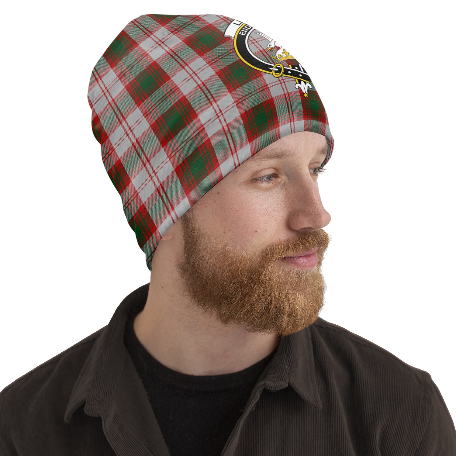 Lindsay Dress Red Tartan Beanies Hat with Family Crest One Size 10.5*10.2 inches - Tartan Vibes Clothing