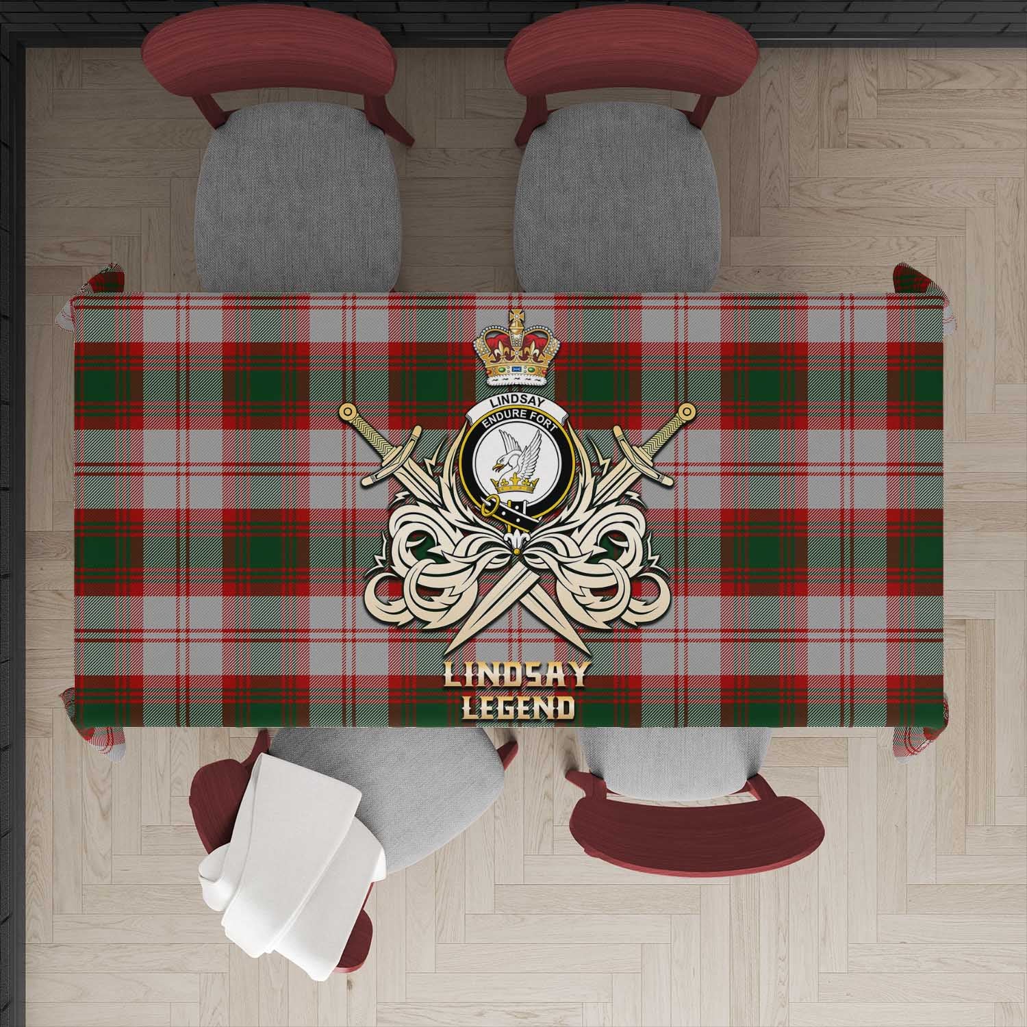 Tartan Vibes Clothing Lindsay Dress Red Tartan Tablecloth with Clan Crest and the Golden Sword of Courageous Legacy