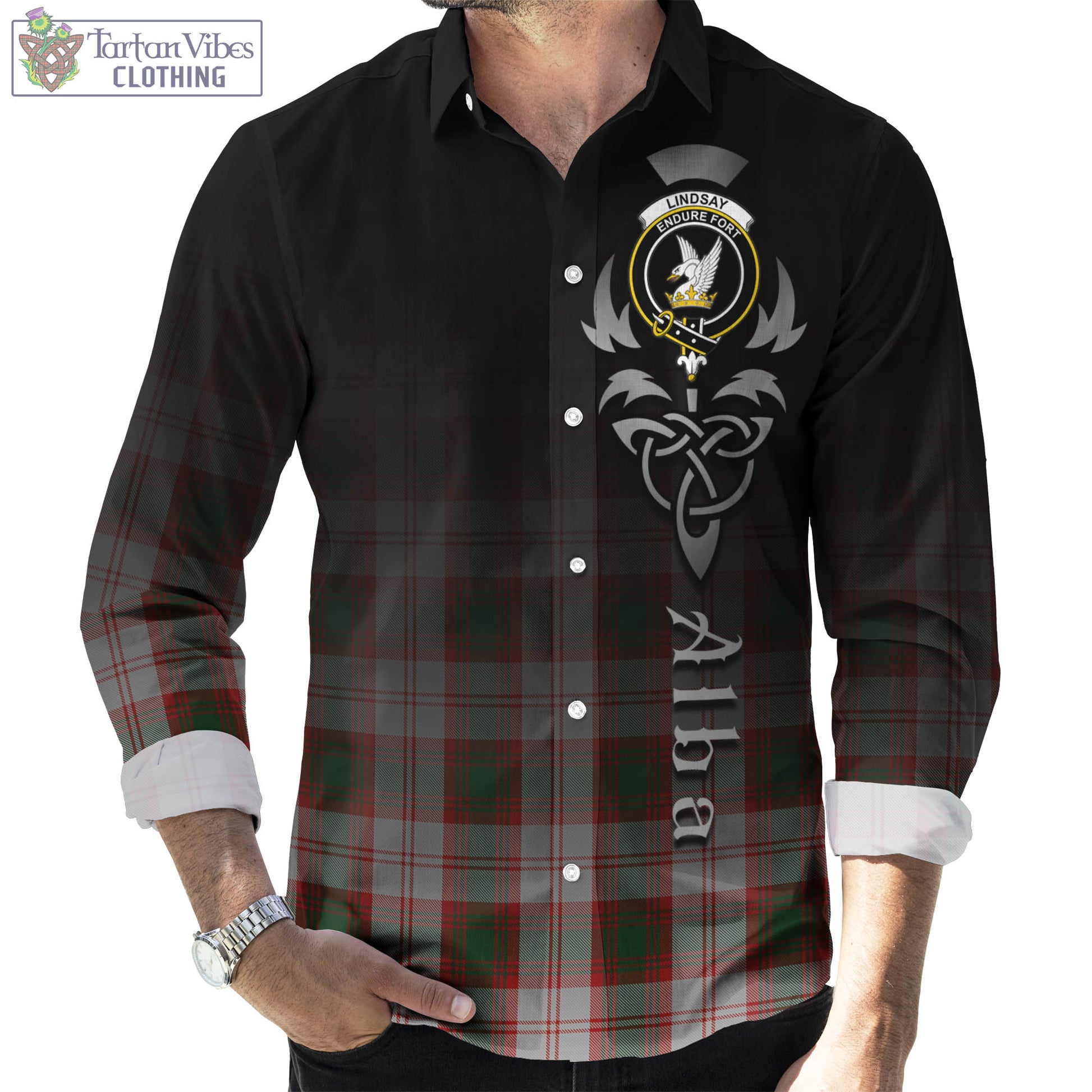 Tartan Vibes Clothing Lindsay Dress Red Tartan Long Sleeve Button Up Featuring Alba Gu Brath Family Crest Celtic Inspired