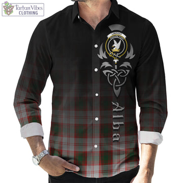 Lindsay Dress Red Tartan Long Sleeve Button Up Featuring Alba Gu Brath Family Crest Celtic Inspired