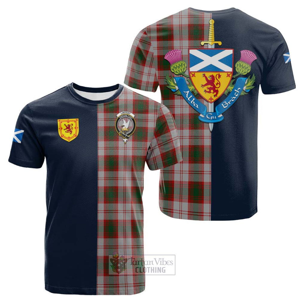 Tartan Vibes Clothing Lindsay Dress Red Tartan Cotton T-shirt with Scottish Lion Royal Arm Half Style