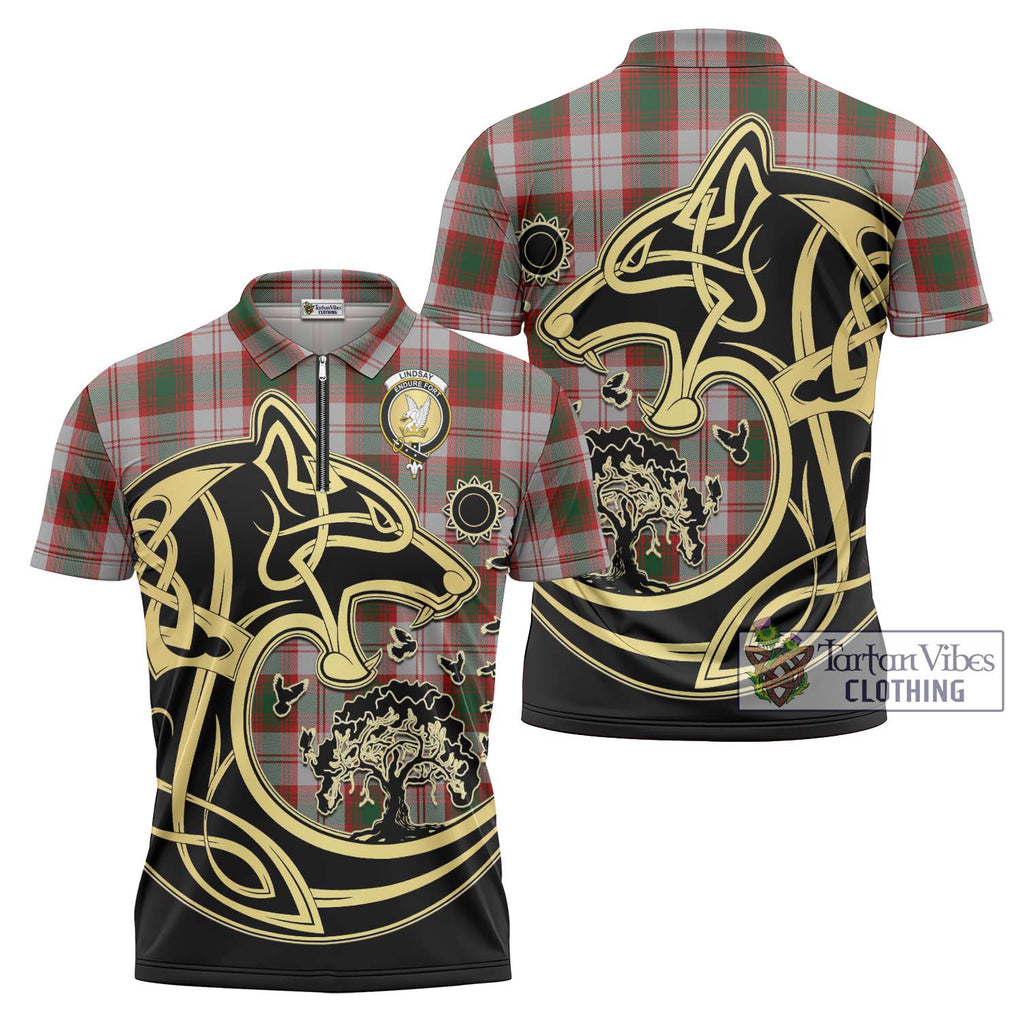 Lindsay Dress Red Tartan Zipper Polo Shirt with Family Crest Celtic Wolf Style Unisex - Tartanvibesclothing Shop