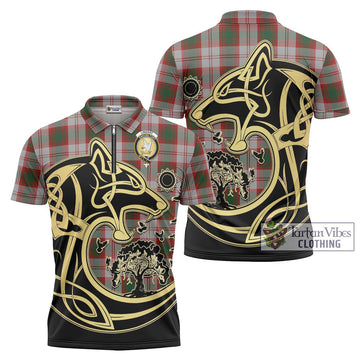 Lindsay Dress Red Tartan Zipper Polo Shirt with Family Crest Celtic Wolf Style