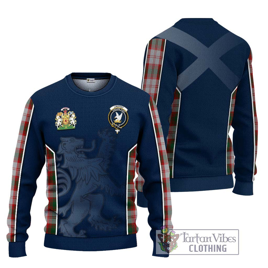 Lindsay Dress Red Tartan Knitted Sweater with Family Crest and Lion Rampant Vibes Sport Style Unisex - Tartan Vibes Clothing