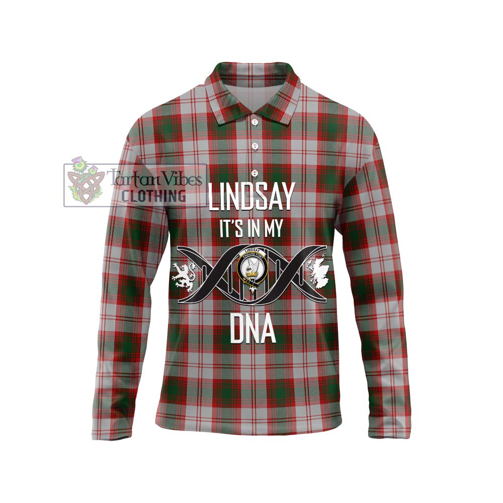 Lindsay Dress Red Tartan Long Sleeve Polo Shirt with Family Crest DNA In Me Style Unisex - Tartanvibesclothing Shop