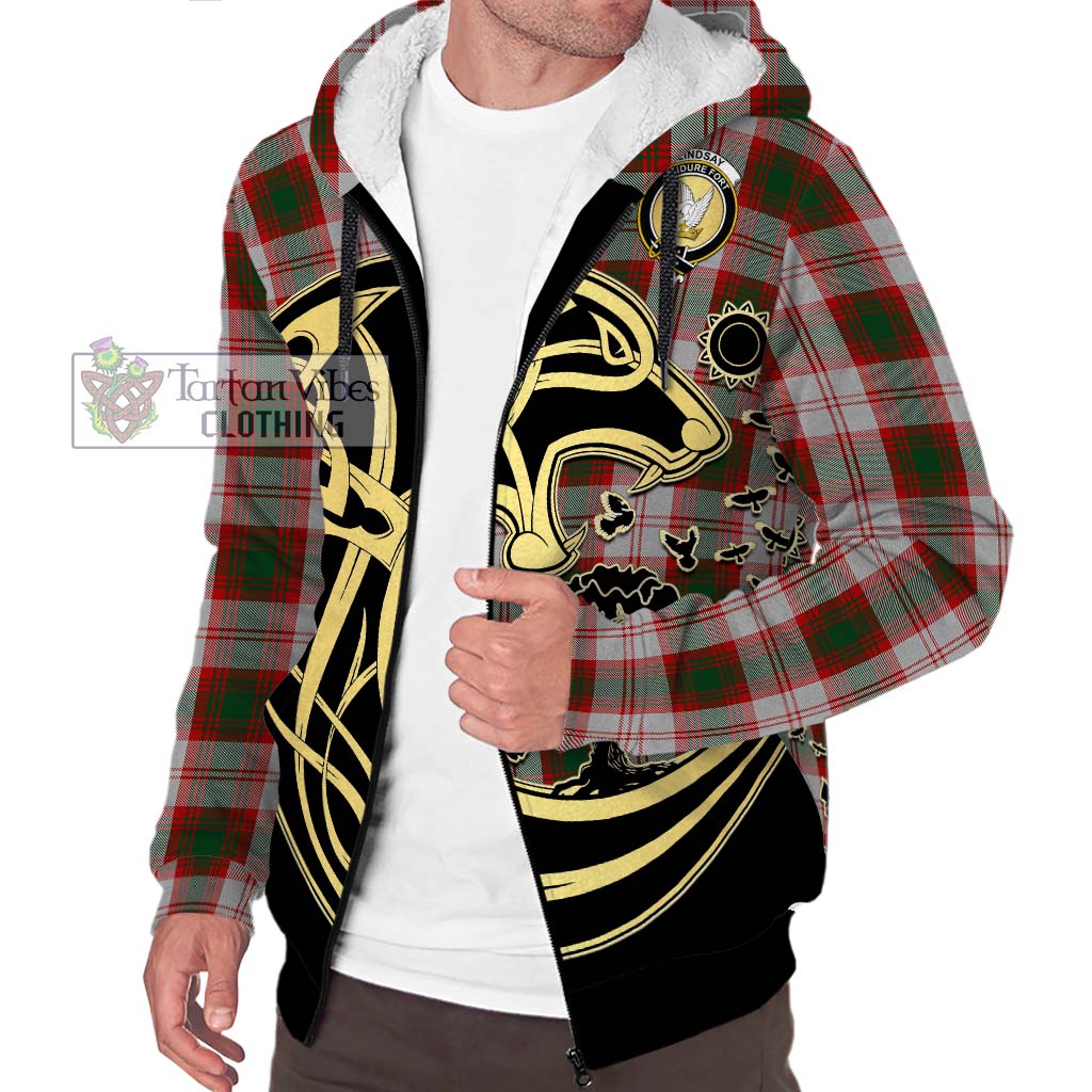 Tartan Vibes Clothing Lindsay Dress Red Tartan Sherpa Hoodie with Family Crest Celtic Wolf Style