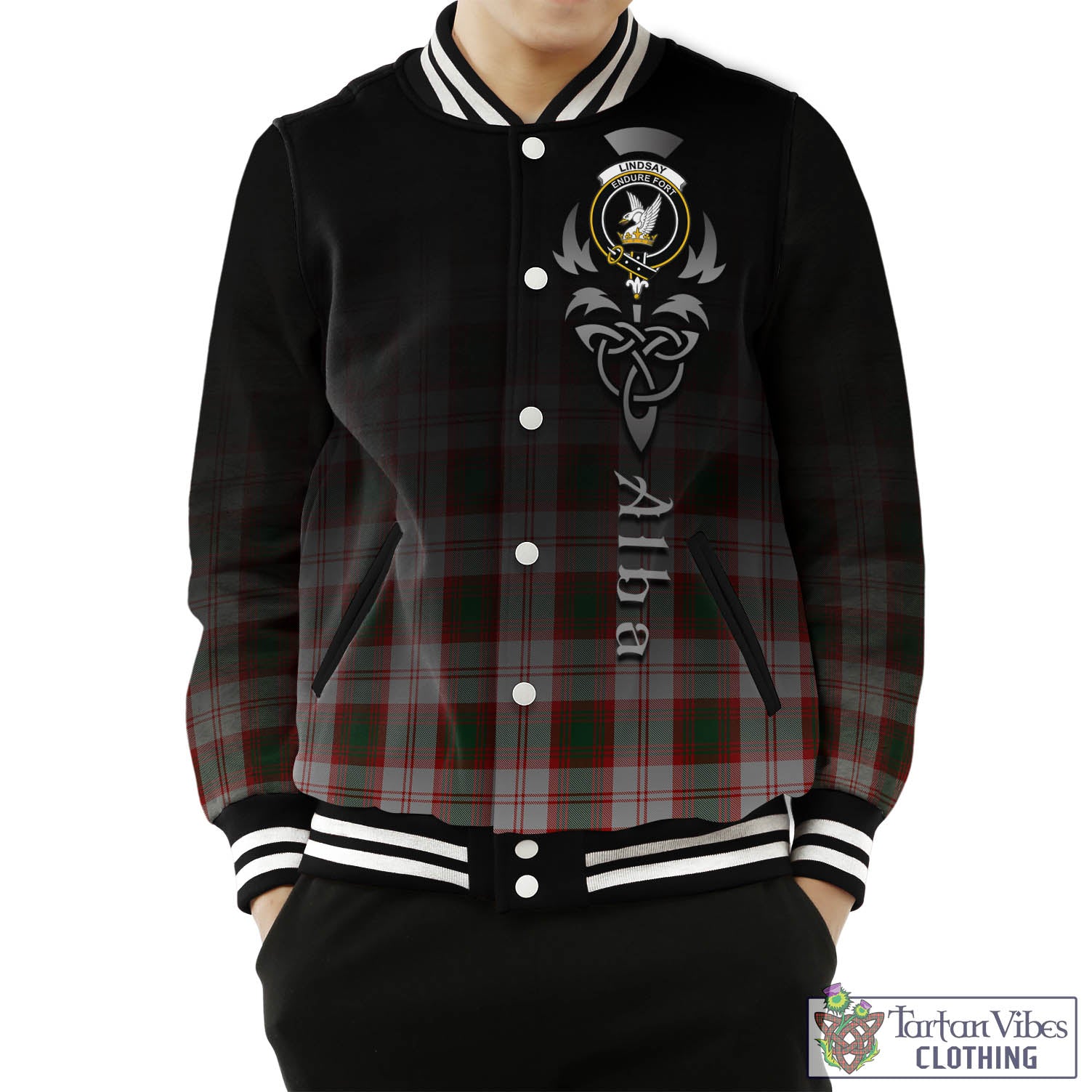 Tartan Vibes Clothing Lindsay Dress Red Tartan Baseball Jacket Featuring Alba Gu Brath Family Crest Celtic Inspired