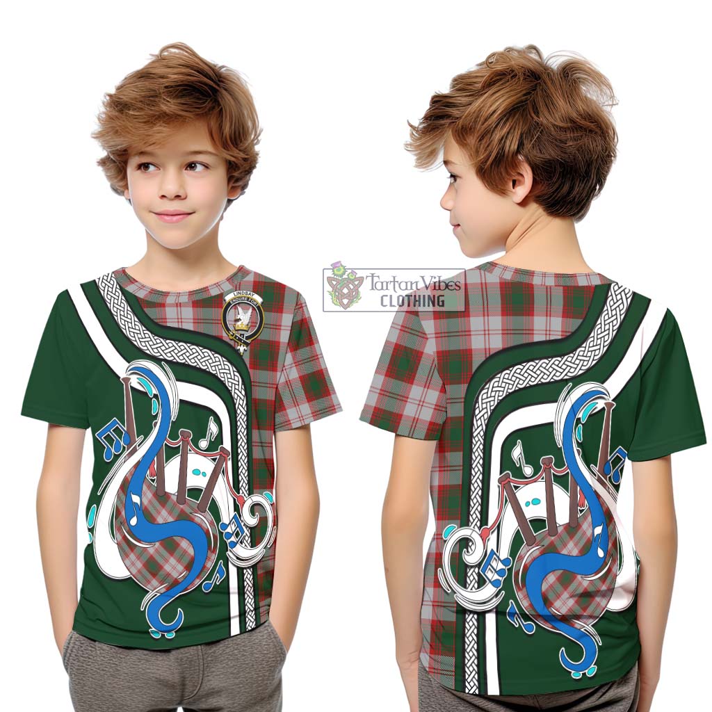 Tartan Vibes Clothing Lindsay Dress Red Tartan Kid T-Shirt with Epic Bagpipe Style