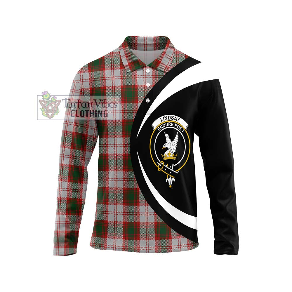 Lindsay Dress Red Tartan Long Sleeve Polo Shirt with Family Crest Circle Style Unisex - Tartan Vibes Clothing