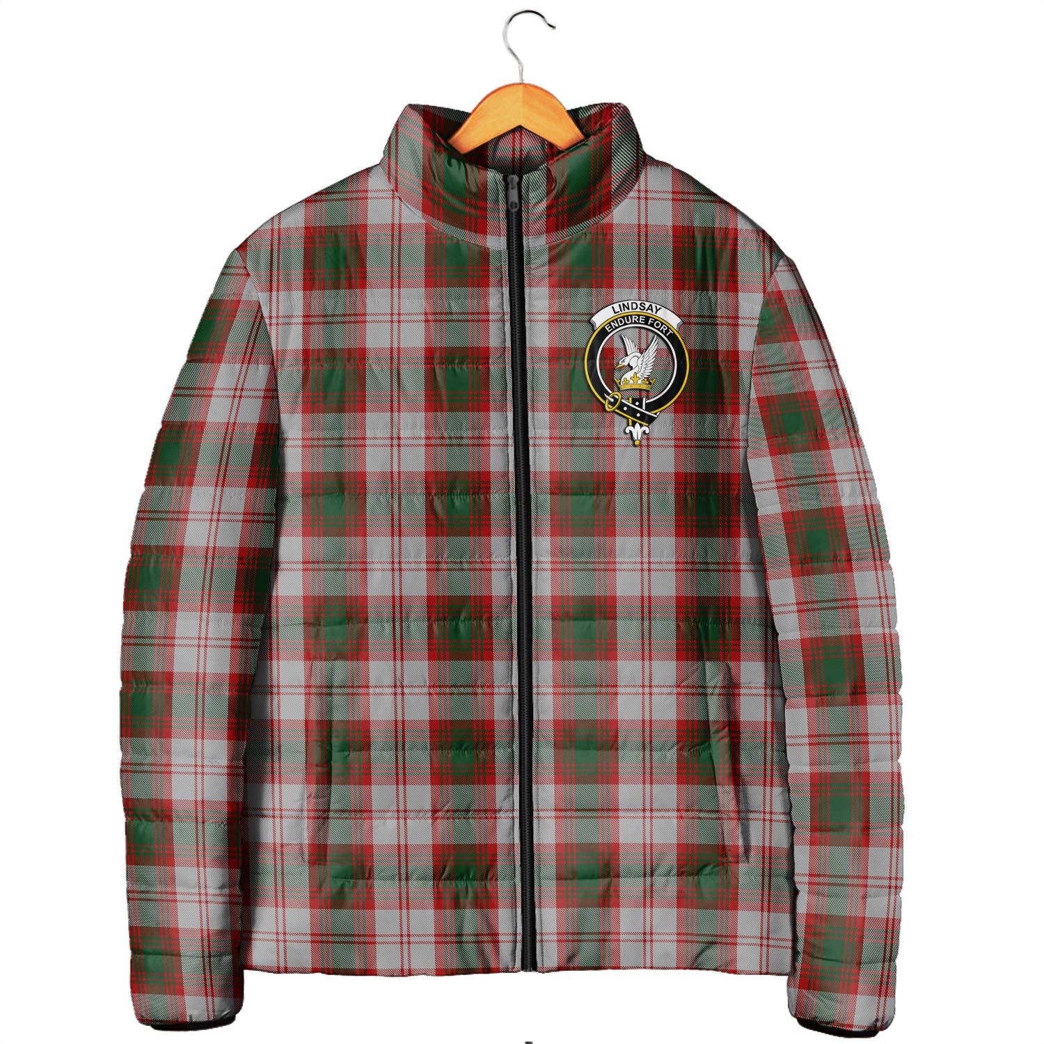 Lindsay Dress Red Tartan Padded Jacket with Family Crest Men's Padded Jacket - Tartan Vibes Clothing