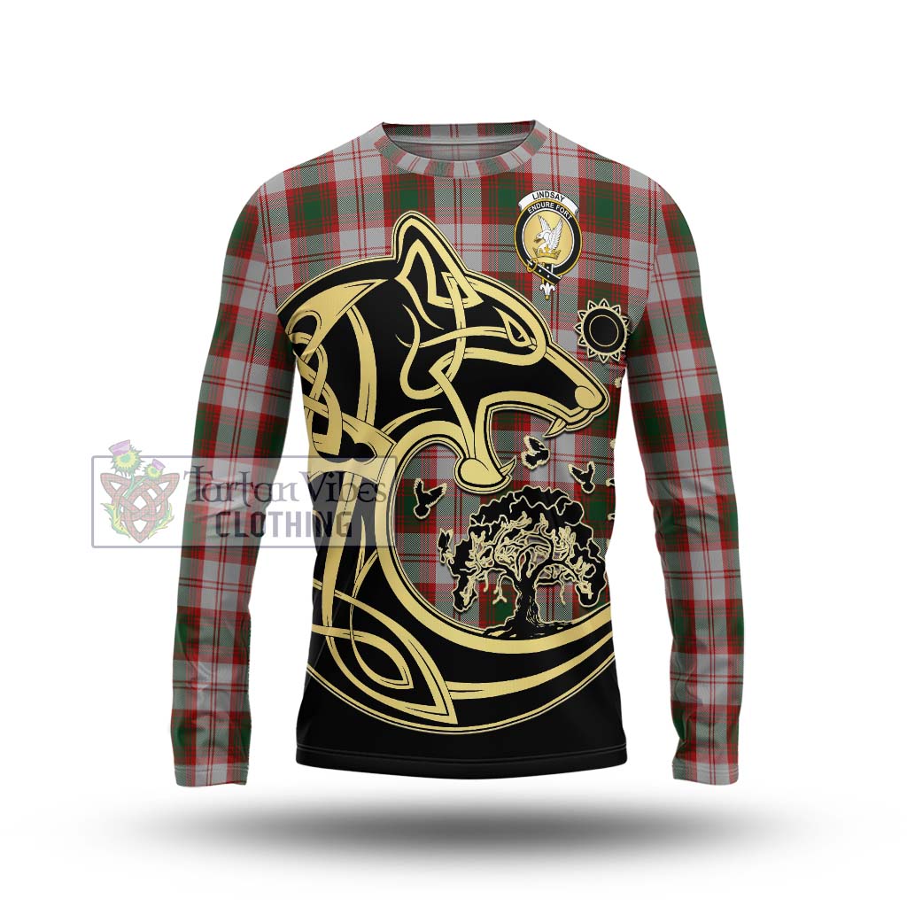 Tartan Vibes Clothing Lindsay Dress Red Tartan Long Sleeve T-Shirt with Family Crest Celtic Wolf Style
