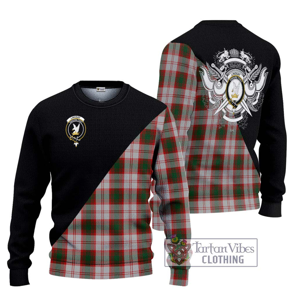 Lindsay Dress Red Tartan Knitted Sweater with Family Crest and Military Logo Style Unisex - Tartanvibesclothing Shop