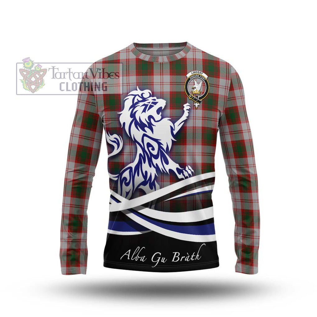 Lindsay Dress Red Tartan Long Sleeve T-Shirt with Alba Gu Brath Regal Lion Emblem Unisex - Tartanvibesclothing Shop