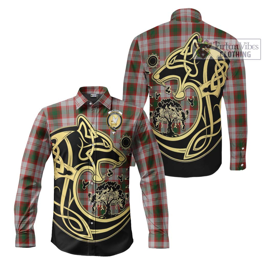 Lindsay Dress Red Tartan Long Sleeve Button Shirt with Family Crest Celtic Wolf Style Men's Shirt S - Tartan Vibes Clothing