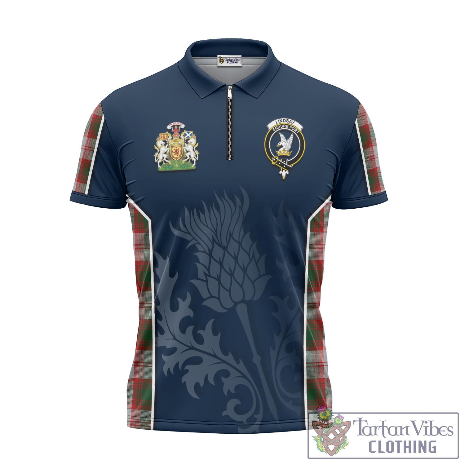 Tartan Vibes Clothing Lindsay Dress Red Tartan Zipper Polo Shirt with Family Crest and Scottish Thistle Vibes Sport Style