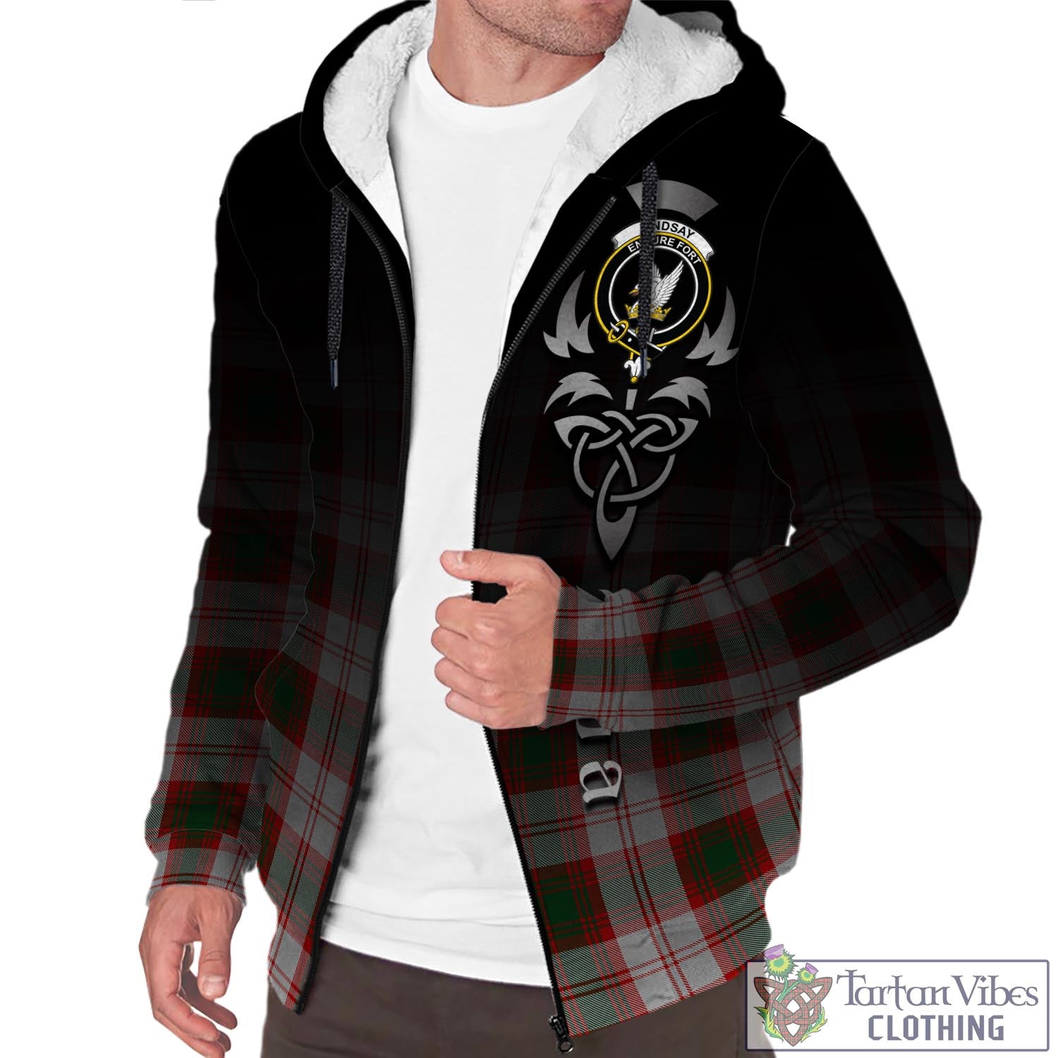 Tartan Vibes Clothing Lindsay Dress Red Tartan Sherpa Hoodie Featuring Alba Gu Brath Family Crest Celtic Inspired