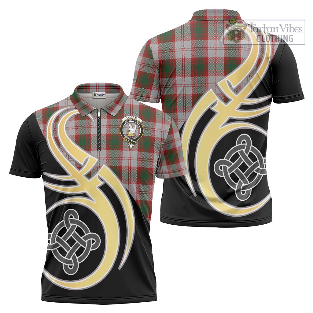 Tartan Vibes Clothing Lindsay Dress Red Tartan Zipper Polo Shirt with Family Crest and Celtic Symbol Style