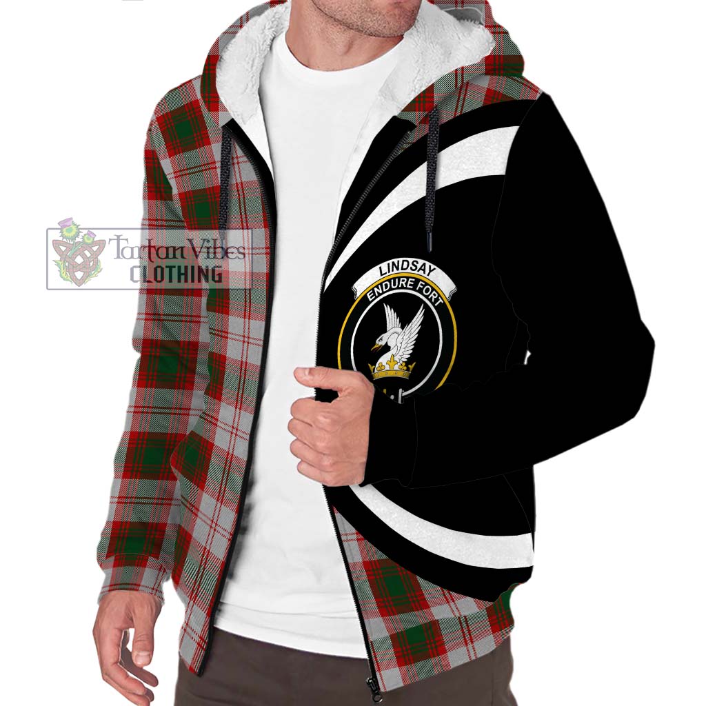 Lindsay Dress Red Tartan Sherpa Hoodie with Family Crest Circle Style Unisex S - Tartan Vibes Clothing