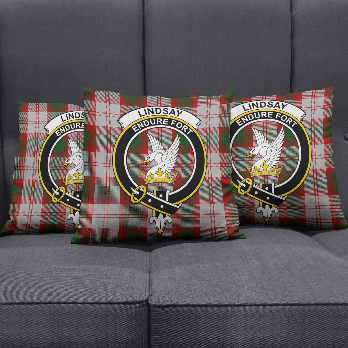 Lindsay Dress Red Tartan Pillow Cover with Family Crest Square Pillow Cover - Tartanvibesclothing